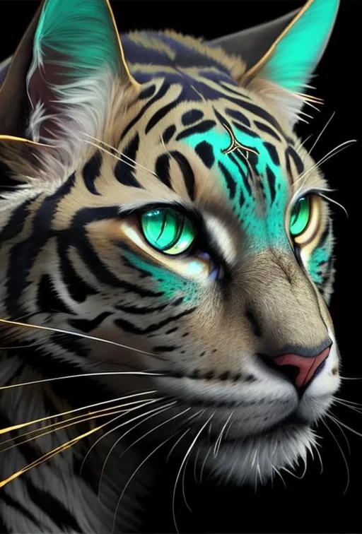 Prompt: intricate beautiful realistic big feline in kintsugi style. Made of  amazonite, labradorite, zoisite, chrysocolla and moonstone. Hyper detailed, sharp focus, high definition, super clear resolution , hypermaximalist, elegant, ornate, super detailed, meticulously crafted, HD DSLR 8K, Sharp details, color contrast, light reflex