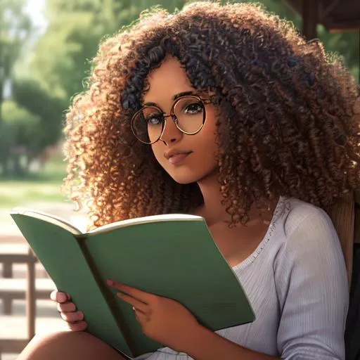 Prompt: brown woman, curly hair, round face, glasses, sitting outside reading, highly detailed, natural lighting, 8k, uhd