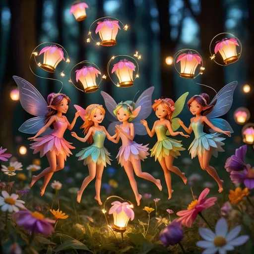 Prompt: "A group of fairies celebrating in a moonlit meadow, surrounded by glowing flowers and tiny floating lanterns. Each fairy has unique, colorful wings, and they’re dancing in a magical swirl of light and sparkles."