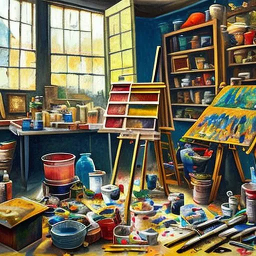 Prompt: A painting of a painter's workshop with paints and brushes laying all around