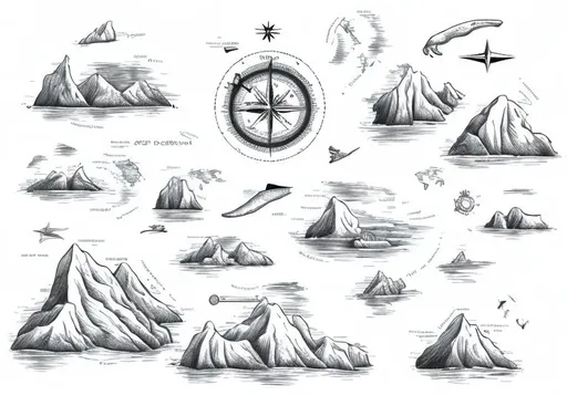 Prompt: Islands and Continent and compass hand drawn

