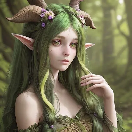 Prompt: a beautiful and youthful female faun with striking features, including long, flowing nature green hair and dark, earthy skin, nature inspired dress, She should have a pretty face with delicate features, and her eyes should sparkle with mischief and curiosity, Her faun-like features should be subtly incorporated into her appearance, with antlers decorated with flowers peeking out from her hairline and delicate hooves for feet, Her lithe and graceful body should be adorned with leaves and vines, adding a touch of natural beauty and wildness to her appearance, Let your creativity run wild and capture the essence of this playful and alluring creature in your artwork, flowing white hair, Intricate, Highly detailed, Digital painting, Artstation, Fantasy, Sharp focus, mythological, Art by artgerm and greg rutkowski and magali villeneuve, Divine, Mystical, Glowing eyes, otherworldly, trending on deviantart and instagram