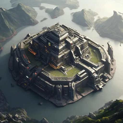 Prompt: Gigantic futuristic fortress in the middle of a massive mountain landscape, 8K, realistic
