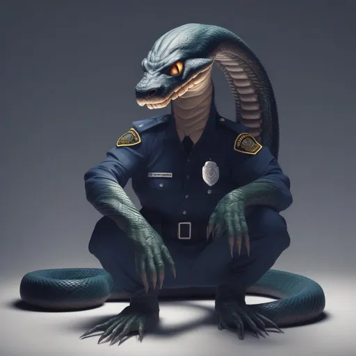 Prompt: A humanoid snake creature in police uniform 
