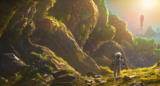 Prompt: astronaut in an alien planet on an exoplanet planet, an alien planet full of life and animals and species and plants and trees and flowers, landscape , floating rocks, high detail photorealistic wide view cinematic lighting 8k ultra hd