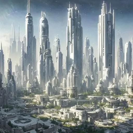 Prompt: White celestial Coruscant city with white skycrapers with lot of plants realistic oil paint