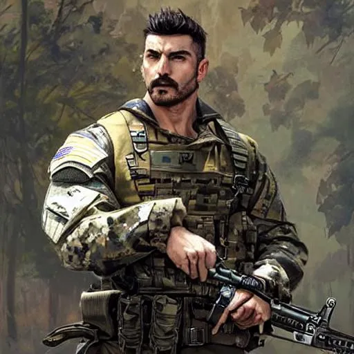 Prompt: A Masculine and muscular man With facial hair in U.S army uniform ,photorealitic, high detail, digital painting, artstation, illustration, concept art, smooth, sharp focus, art by Jude Palencar, Luis Royo, John Collier and Albert Aublet and Krenz Cushart and Artem Demura and Alphonse Mucha