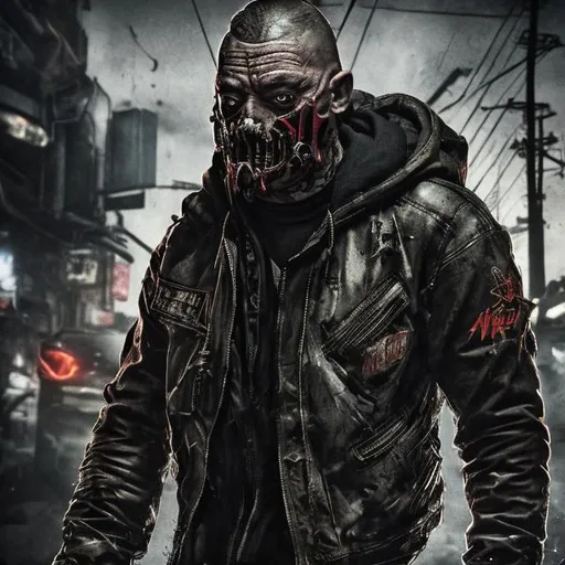 Prompt: Muscular Villain. Tattoo and scars. Tough. paramilitary jacket with gang logo. Slow exposure. Detailed. Dirty. Dark and gritty. Post-apocalyptic Neo Tokyo. Futuristic. Shadows. Sinister. Armed. Brutal. Intimidating. Mouth mask. Bionic enhancements. Fanatic. Intense. Heavy rain. Neck tattoo. Neon lights in background. Explosion. Burning car in mid distance.  Explosive Detonator in hand.