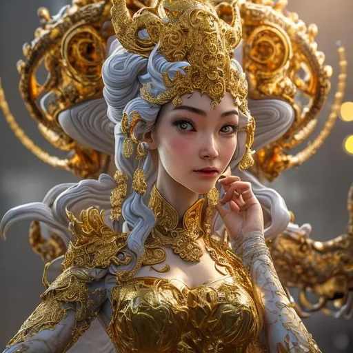 Prompt: A highly detailed ((full-length shot) (gold marble sculpture statue) of a (woman with). ((+Hyperrealistic)), (+dress), +concept art, +low shot, ((+intricately detailed, +highly detailed)), +dramatic, +side light, +legend background, +caring, +happy, +smiling, +aodai vietnam, dragon flying, 