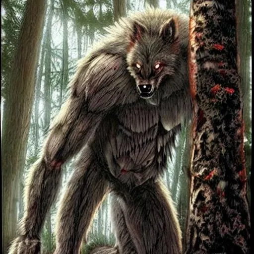 Prompt: Hyper realistic Bipedal Wolfman, or Werewolf, in forest, full moon, horror, terror, bodybuilding upper body Muscles , brown fur, with red eyes! Claws. 7 feet tall, and sinister, and battling Sasquatch! Vicious 