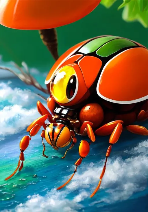 Prompt: UHD, , 8k,  oil painting, Anime,  Very detailed, zoomed out view of character, HD, High Quality, Anime, Pokemon, Paras is an orange, insectoid crab-like cicada Pokémon with large eyes and cartoonish mushrooms growing on its head  Its ovoid body is segmented, and it has three pairs of legs. The foremost pair of legs is the largest and has sharp claws at the tips. There are five specks on its forehead and three teeth on either side of its mouth. It has circular eyes with large pseudo pupils.

Red-and-yellow mushrooms known as tochukaso grow on this Pokémon's back. The mushrooms can be removed at any time and grow from spores that are doused on this Pokémon's back at birth by the mushroom on its mother's back. Tochukaso are parasitic in nature, drawing their nutrients from the host Paras's body in order to grow and exerting some command over the Pokémon's actions. For example, Paras drains nutrients from tree roots due to commands from the mushrooms. Paras can often be found in caves. However, it can also thrive in damp forests.

Pokémon by Frank Frazetta