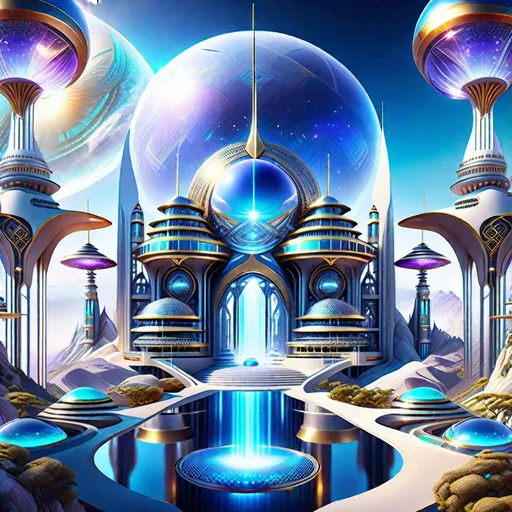 Prompt: Mystical Kingdom of Shambala, heaven inside the center of the planet Earth, dominated by futuristic and  sci-fi style of architecture {ultra-detailed Sci-Fi temples, exquisite palaces and buildings, space craft, opal made, Crystal Spheres, HQ, futuristic style} hi tech design, hyper-detailed landscape and intricately detailed background, digital art masterpiece, award winning image composition, 
Ultra HD 1024K, HDR Octane 3D, Unreal Engine 5, Behance 4D Cinema, CryEngine, vray, clarity, harmony, order, proportions, rhythm, axis, hierarchy, symmetry.