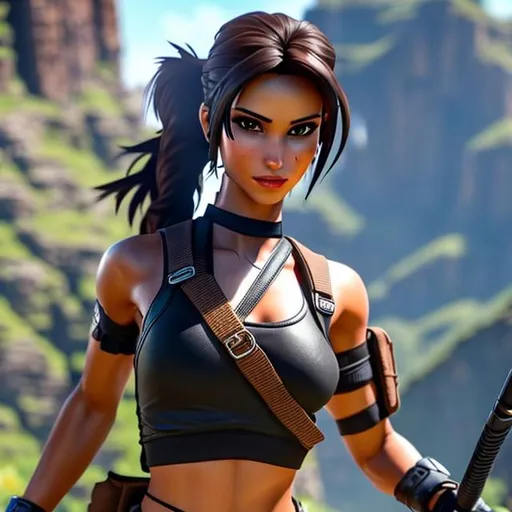 Prompt: Lara croft, detailed eyes, long ponytail, epic pose, full body image, flat stomach, tank top, athletic legs, boots, wearing a small backpack and arm band, pistol in drop-leg holster, symmetrical face, large brown eyes, shows legs, shows legs, whole body, standing