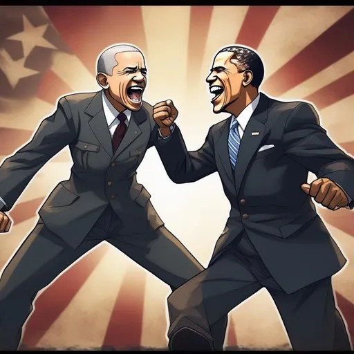 Prompt: Obama and Joe Biden fighting HItler in an Anime style