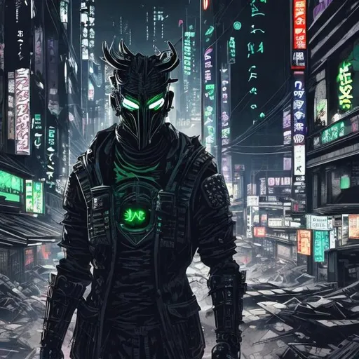 Prompt: Original villain.  Exaggerated Brawn. devious. Very Dark image with lots of shadows. Background partially destroyed neo Tokyo. Noir anime. Gritty. Dirty. Black with neon forest green accents. armour. Creepy mask. Bionic enhancements. Glowing evil symbol on chest. Axes in hands