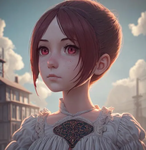 Prompt: a beautiful Cotton Mill Girl, symmetrical, centered, dramatic angle, ornate, details, smooth, sharp focus, illustration, realistic, cinematic, artstation, award winning, rgb , unreal engine, octane render, cinematic light, macro, depth of field, blur, red light and clouds from the back, highly detailed epic cinematic concept art CG render made in Maya, Blender and Photoshop, octane render, excellent composition, dynamic dramatic cinematic lighting, aesthetic, very inspirational, arthouse by Henri Cartier Bresson