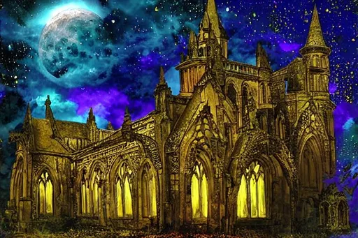Prompt: Rosslyn Chapel on a moonlit and misty night , the  windows lit from within, colourful fantasy art detail, mysterious atmosphere, ethereal, ominous effect, HDR