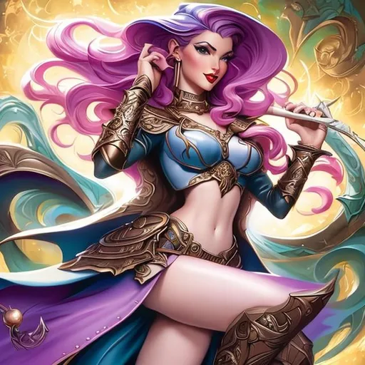 Prompt: full body pinup of a  female dungeons and dragons bard with pretty hair and with cute face, perfect composition,, by j. scott campbell and boris vallejo and alex ross,  graffiti art, splash art, street art, spray paint, oil gouache melting, acrylic, high contrast, colorful polychromatic, ultra detailed, ultra quality, CGSociety, depth of field, 3d render