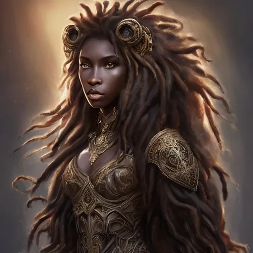 Prompt: Black Human Lioness princess with dread-like mane, majestic gown, high-quality, detailed, digital painting, fantasy, warm earthy tones, regal lighting, ornate details, ornamental, princess, lioness, proud, ethereal, family bond, detailed fur, intricate patterns, professional, fantasy art, royal, prideful, parental love, warm lighting