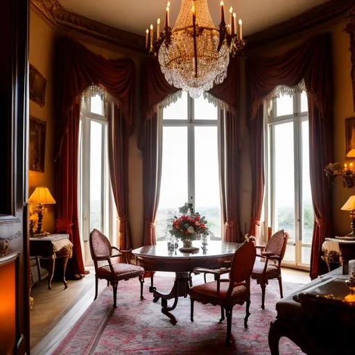 Prompt: "Generate an image of a romantic dinner scene for two in an 18th-century French château. We are inside a meticulously decorated room, adorned with all the details of the era. The room exudes an ambiance of peace, warmth, and romance. As I open the window, a "breathtaking view unfolds—a magnificent French garden meticulously maintained, adorned with all the springtime flowers of the era."  "The view from the window is the focal point, showcasing the splendid garden in vibrant spring colors. It's dusk, and the sky is painted with vibrant hues, enveloping the scene in a serene and romantic atmosphere."" ultra hd, realistic, vivid colors, highly detailed, UHD drawing, pen and ink, perfect composition, beautiful detailed intricate insanely detailed octane render trending on artstation, 8k artistic photography, photorealistic concept art, soft natural volumetric cinematic perfect light" 