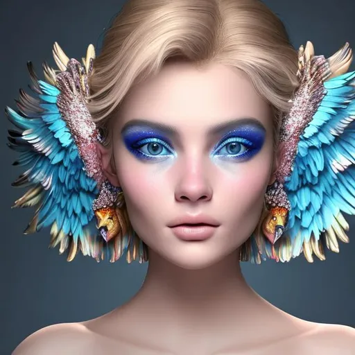 Prompt: donna bellissima occhi blu dettagliati capelli biondi lunghi unita con un bellissimo pavone dai colori brillanti 3d vista perfezione
