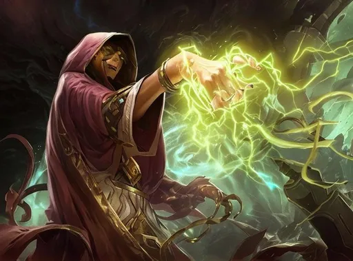 Prompt: League of legends champion icon that shows an old dark mage who has electric power
