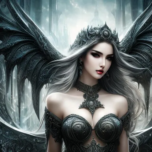 Prompt: splash art, by Luis Royo, hyper detailed perfect face,

beautiful kpop idol, diablo 1 succubus, full body, long legs, perfect body,

high-resolution cute face, perfect proportions, smiling, intricate hyperdetailed hair, light makeup, sparkling, highly detailed, intricate hyperdetailed shining eyes,  

Elegant, ethereal, graceful,

HDR, UHD, high res, 64k, cinematic lighting, special effects, hd octane render, professional photograph, studio lighting, trending on artstation

