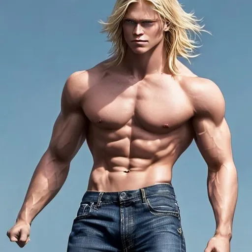 Prompt: Please produce a shirtless, semi realistic, anime male, muscular, long blond hair, blue eyes