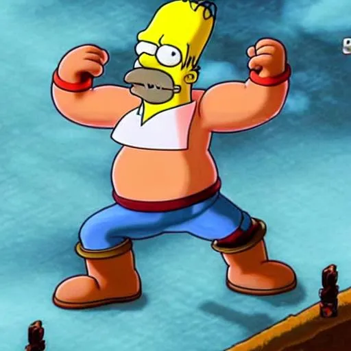 Prompt: Homer Simpson competing in the king of iron fist tournament against Prototype Jack homer is in the middle of a 20 hit combo and about to activate his rage drive