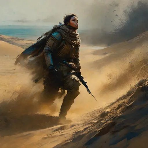 Prompt: a scene from Dune 2021  the film    chani is running and fight against a worm
masterpiece, textured Speedpaint with large rough brush strokes and paint splatter by Jeremy Mann, Carne Griffiths, Junji Ito, Robert Oxley, Ismail Inceoglu, masterpiece, trending on artstation, particles, oil on canvas, highly detailed fine art, ink painting, hyperrealism | Pixar gloss | polished, Anato Finnstark | Android Jones | Darek Zabrocki, Boris Vallejo, David Palumbo, Donato Giancola, Frank Frazetta, colorful, deep_color vibrant, John Stephens, Jordan Grimmer, John Howe, Julie Bell, Mark Brooks, Dan Mumford | comicbook art | perfect_concept art | 3D shading | bright_colored background radial gradient background | cinematic Reimagined by industrial light and magic fairy_home!, centered, acrylic painting, trending on pixiv fanbox, palette knife and brush strokes, style of makoto shinkai jamie wyeth james gilleard edward hopper greg rutkowski studio ghibli genshin impact, perfect composition, beautiful detailed intricate insanely detailed octane render trending on artstation, 8 k artistic photography, photorealistic concept art, soft natural volumetric cinematic perfect light, chiaroscuro, award - winning photograph, masterpiece, oil on canvas, raphael, caravaggio, greg rutkowski, beeple, beksinski, giger