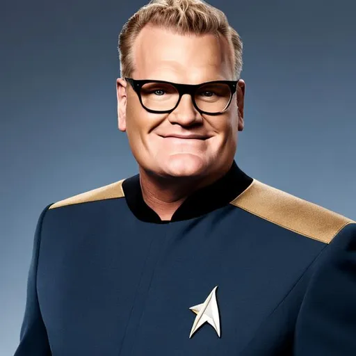 Prompt: A portrait of Drew Carey, wearing a Starfleet uniform, in the style of "Star Trek the Next Generation."