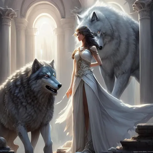 Prompt: Greek princess in long white dress, with a huge grey wolf, near a temple with white pillars, style of Alayna Lemmer