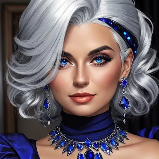 Prompt: A woman with silver hair, wearing sapphire jewelry 