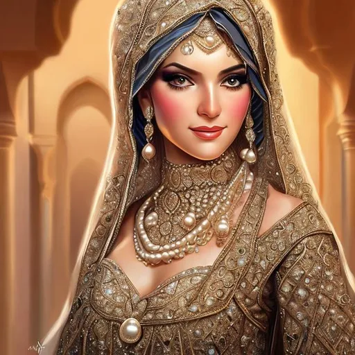 Prompt:  Beautiful arab bride with pearls on dress digital painting hyperdetailed