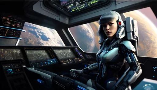 Prompt: a cyborg in a spaceship cockpit , ghost in the shell, high details, realistic, professionally colour graded, photorealism, 8k, pixiv, tumblr, instagram, deviantart, art by sakimi chan