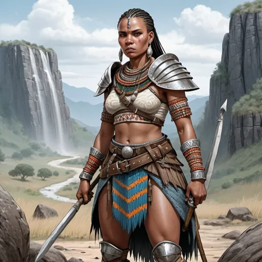 Prompt: Full body, Fantasy illustration of a female basotho Amazon warrior, 30 years old, grim expression, colorfull traditional basotho garment combined with an Amazone armour, black braided hair, high quality, rpg-fantasy, detailed, rocky african landscape background 