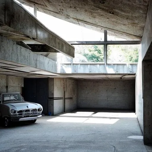 Prompt: brutalist architecture  garage. with lots of natural light