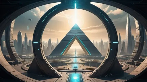 Prompt: circular stargate, gateway between worlds, interdimensional portal, ring, disc, ring standing on edge, city plaza, futuristic cyberpunk, panoramic view, floating pyramid spaceships in background