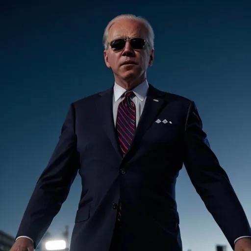 Prompt: Professional wide-angle full body shot of President Joe Biden, center frame, he takes his sunglasses off, freeze frame, he becomes Dark Brandon!!! His eyes light up RED!!!, super hero!!! high quality, super detailed, Cinematic, hyper-realistic, dramatic lighting, HQ, 8K, No duplicates 