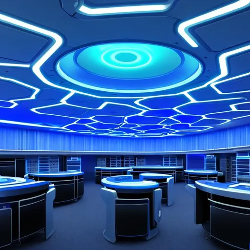 Prompt: A futuristic round classroom of college students working together to create a genetics, with an octane render and a blue glow for a cinematic effect, Vibrant, cinematic, HDR, UHD, 64K, Professional, Highly detailed, low angle, trending on art station, hyper realistic, focused, extreme details, unreal engine 5, cinematic, masterpiece, Professional, Highly detailed.