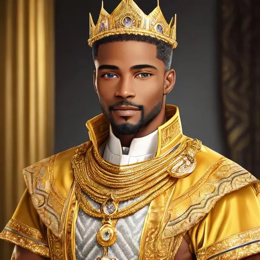 Prompt:  An intricately detailed Oil Painting of A blonde and little but grey, very rugged yet very very handsome 36 year old African American King  with mostly brown hair and a little bit of grey starting to show around his temples. A Very gorgeous MALE with strong, athletic physique, extremely attractive king with a disarming smile wearing an impressive gold and diamond crown. Dressed in white and gold highly ornate formal royal dress clothing. Epic perspective. Digital art. Masterpiece quality. Fantasy art. Hyper detailed. 