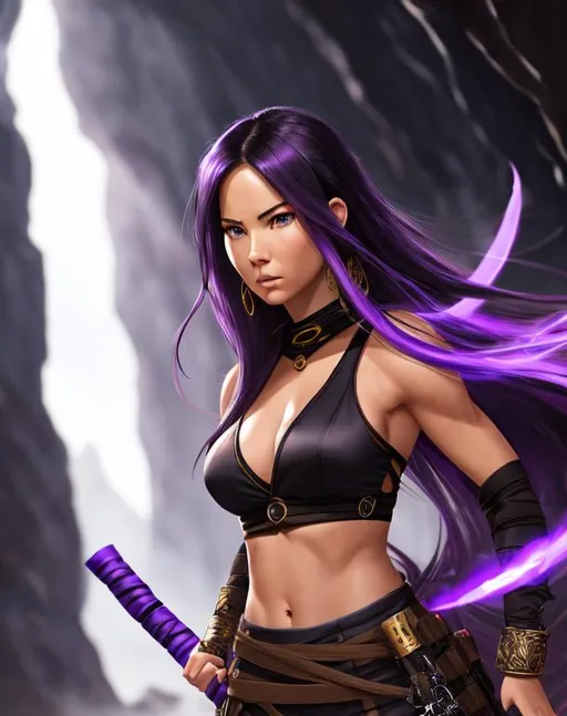 Prompt: 
(Olivia Munn, 16 years old) 
as ninja in artifact attire, wearing purple ninja tactical gear, dramatic, cinematic lighting, caustic, cave background, sleeveless, black wild hair, brown eyes, ethereal, jewelry set balayage, royal vibe, highly detailed, digital painting, Trending on artstation , HD quality, tan skin, Big Eyes, artgerm, by Ilya Kuvshinov