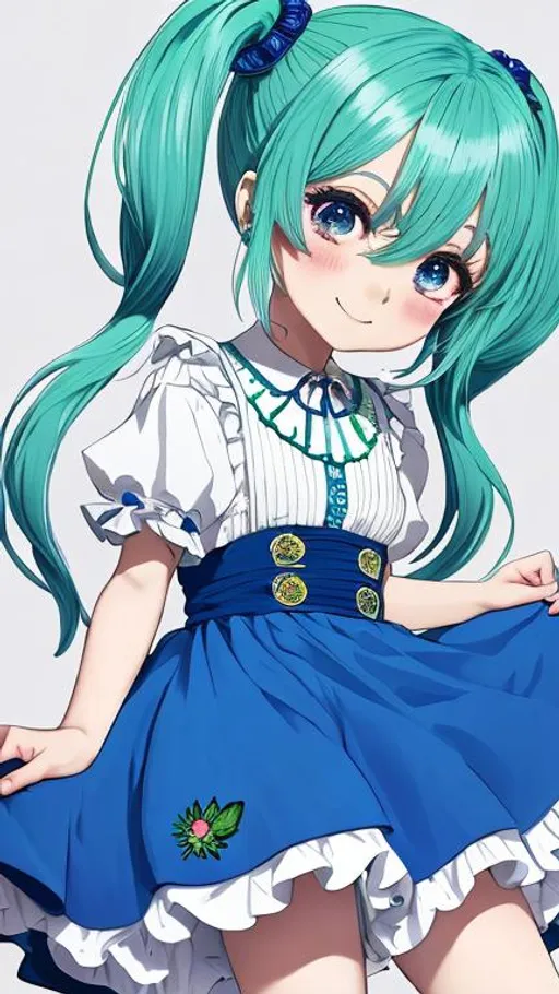 Prompt: masterpiece, (Chibi), blue hair, long hair, green eye, detailed face, pigtails, happy, highlight eyes, pastel color, anime style, dress, white background, melon