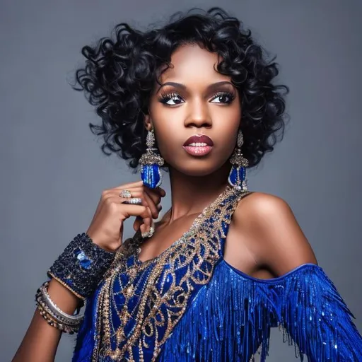 Prompt: Black woman flapper in blue dress elegant and beautiful with curly black hair bejeweled in sapphires 