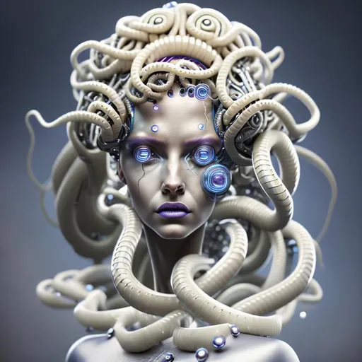 Prompt: Photorealistic Full portrait Futuristic Robot Medusa 3.14159265359, Intricately detailed, 8k resolution, artby Rene Cuvos Nam Das