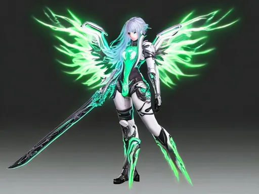 Prompt: emale, long silver and green glowing hair, wearing black gloves, green and silver scifi armor, V1 pneuma wings ULTRAKILL , Xenoblade 2 , conceptart , scifi sword