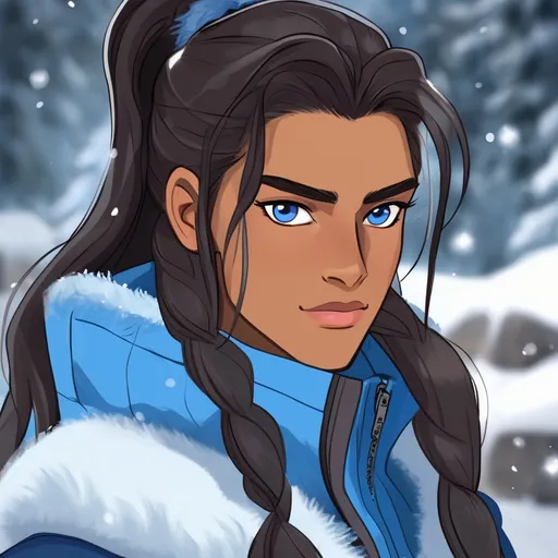 Prompt: Avatar: The Last Airbender oc. Water bender. Warm clothing, two ponytails at the front of his hair. Trans man who is slightly feminine. Brown skin. Inuk, blue jacket. Long eyelashes. Blue eyes