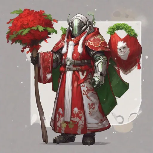 Prompt: Warforged, Wearing Festival Robe, bright red with white fluff and green mistletoe, masterpiece, best quality, in sticker style