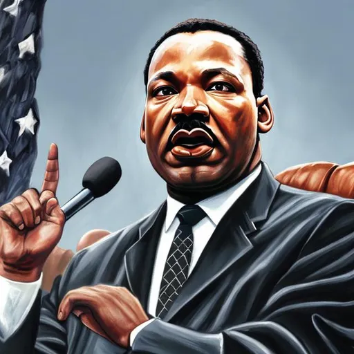 Prompt: Hyper-realistic painting of Martin Luther King on the podium with a hand in the air
