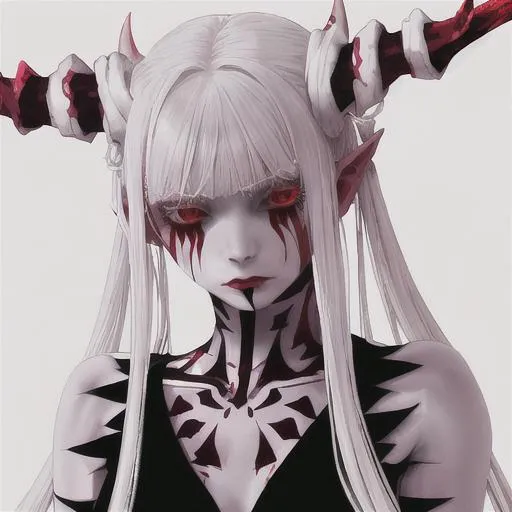 Prompt: Pale white demon girl with thin horns and red tatoos, wearing skulls and bones
In Realistic v2